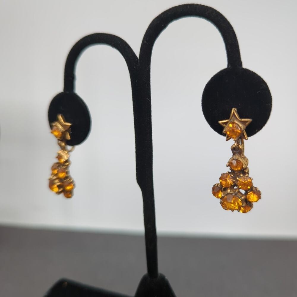 Celestial Vintage Star Amber Rhinestone Chandelier Dangle Screw Back Earrings